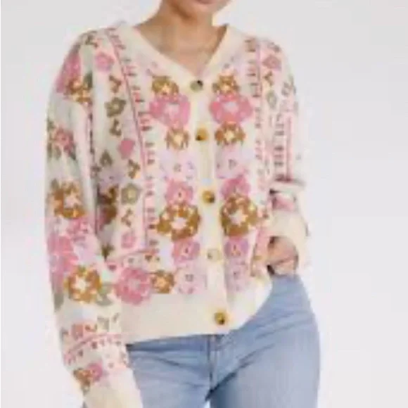 Polagram Pink and Brown Floral Grandma Cottagecore Cardigan Sweater - Picture 2 of 7